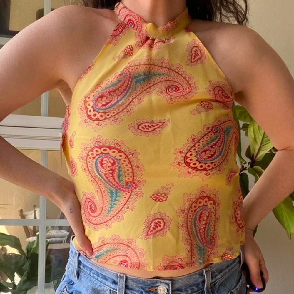 Vintage 90s Y2K Monkey Wear yellow with paisley pink and blue design blouse